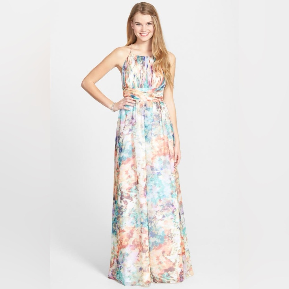 Aidan Mattox Watercolor Chiffon Halter Gown‎ Ruched Side Cutout Maxi Dress 10